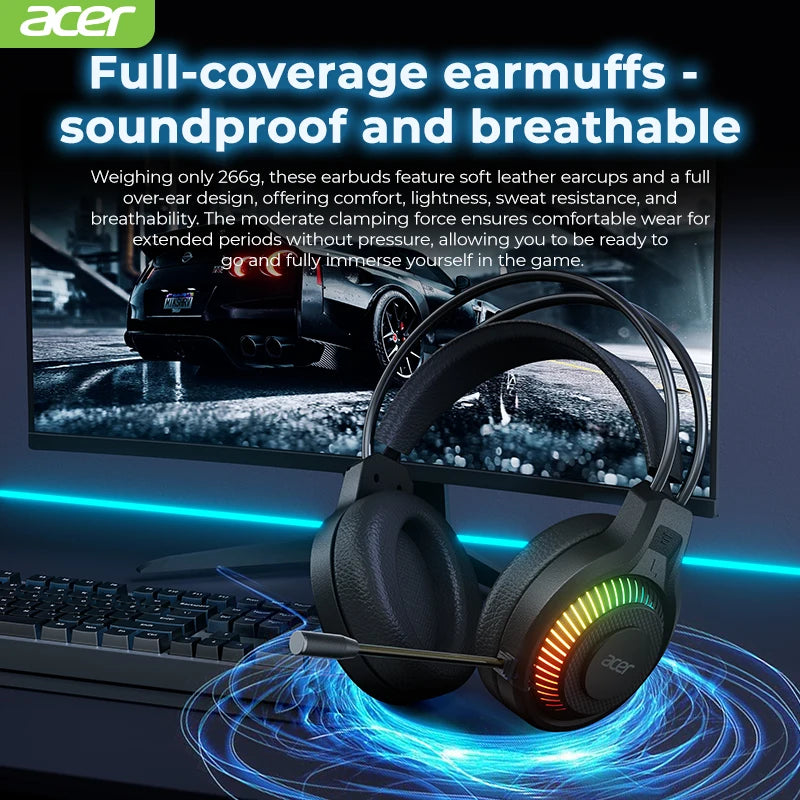 Auriculares Gaming RGB Acer | Sonido Envolvente 7.1 con Micrófono