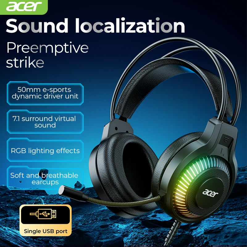 Auriculares Gaming RGB Acer | Sonido Envolvente 7.1 con Micrófono